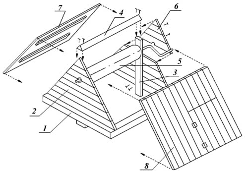 Схема простейшего домика для колодца: 1.основание-рама; 2. фронтоны; 3. стойка; 4. конек для крыши; 5. ворот; 6. обшивка фронтонов; 7. левый скат крыши; 8. правый скат крыши.