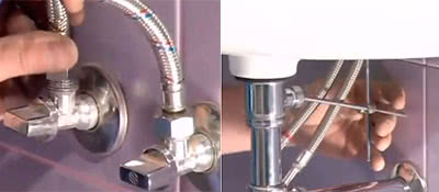 Гибкие шланги закручивают при помощи гаек. Закрепив смеситель необходимо отрегулировать положение клапана.
