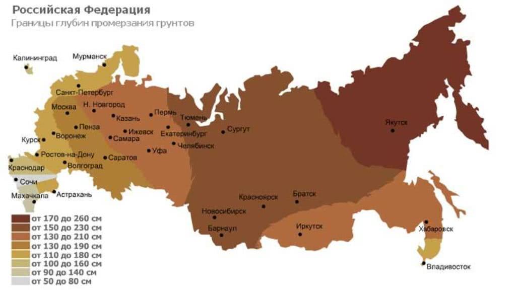 Границы глубин промерзания грунта по России